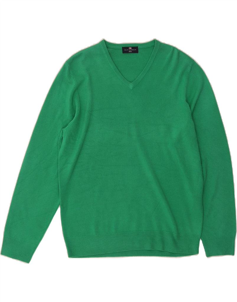MARKS & SPENCER Mens Blue Harbour V-Neck Jumper Sweater Large Green Vintage Marks & Spencer and Second-Hand Marks & Spencer from Messina Hembry 