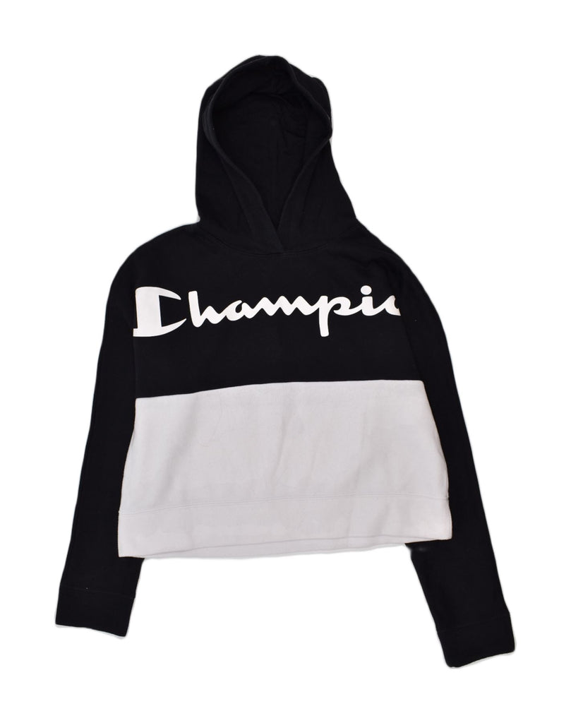 CHAMPION Boys Crop Graphic Hoodie Jumper 13-14 Years XL  Black Colourblock | Vintage Champion | Thrift | Second-Hand Champion | Used Clothing | Messina Hembry 