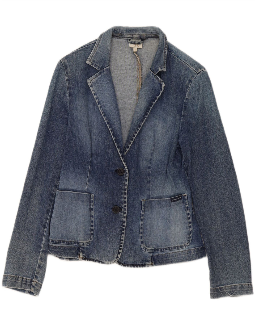 Calvin Klein Womens 2 Button Denim Blazer Jacket UK 12 Medium Blue Cotton