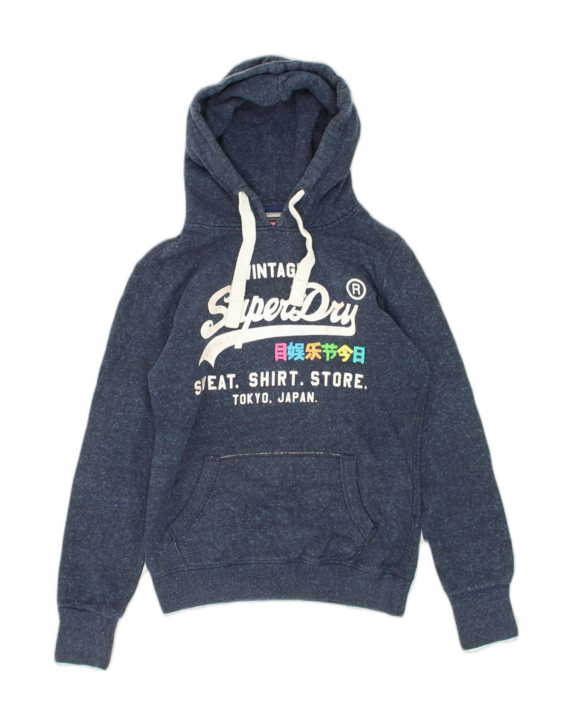 SUPERDRY Womens Premium Graphic Hoodie Jumper UK 6 XS Navy Blue Flecked | Vintage Superdry | Thrift | Second-Hand Superdry | Used Clothing | Messina Hembry 