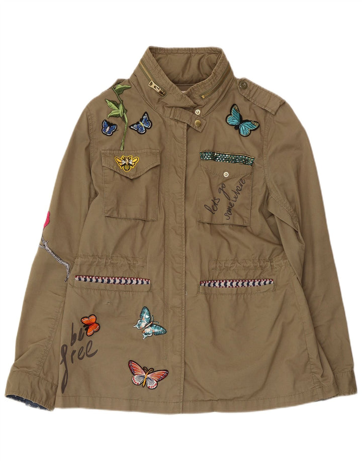 DESIGUAL Womens Graphic Military Jacket EU 42 Large Khaki Cotton Butterfly