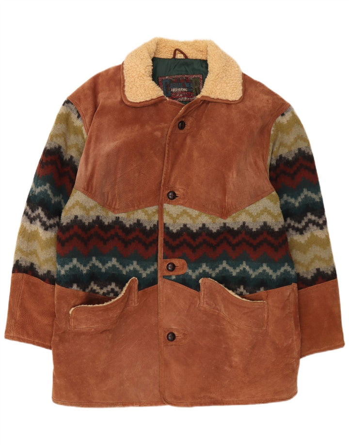 Vintage Mens Suede Windbreaker Coat EU 50 Large Brown Geometric Leather