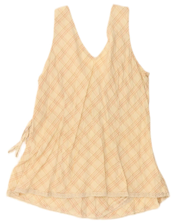 Benetton Womens Sleeveless Blouse Top UK 14 Large Beige Check Cotton