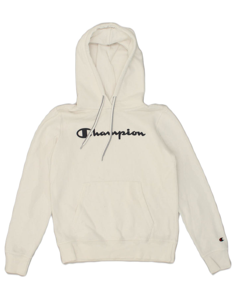 CHAMPION Womens Graphic Hoodie Jumper UK 12 Medium White Cotton | Vintage Champion | Thrift | Second-Hand Champion | Used Clothing | Messina Hembry 