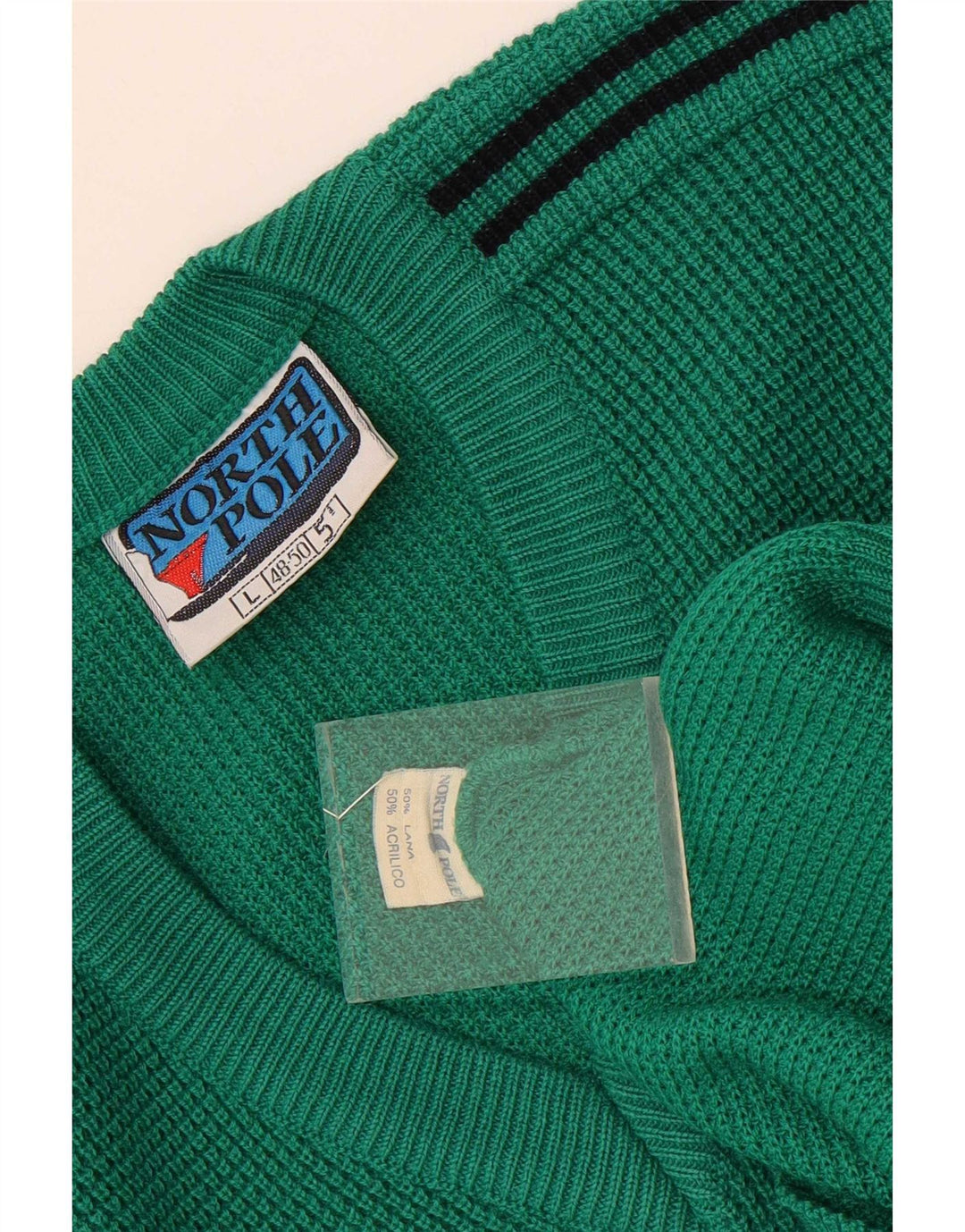 North Pole Mens V-Neck Jumper Sweater Large Green Striped Wool