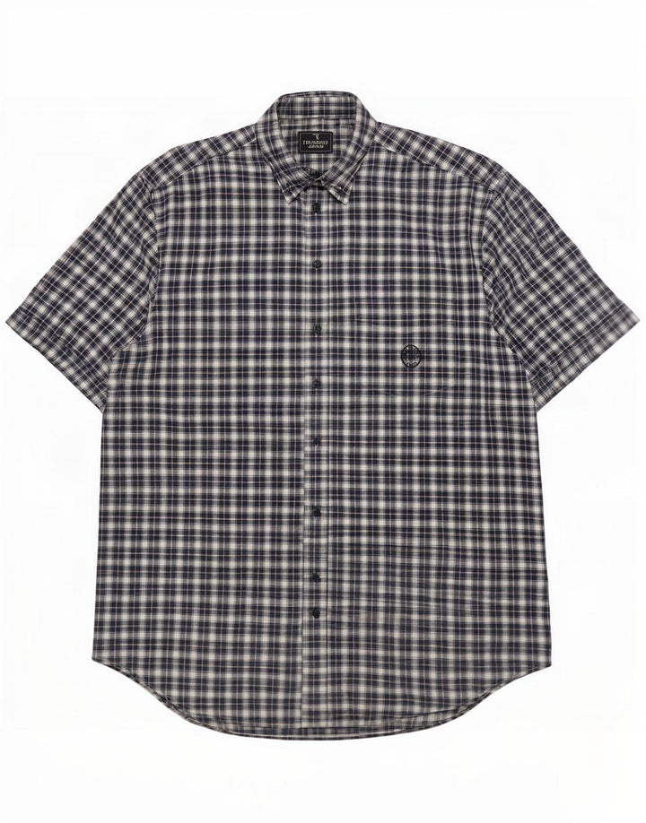 Trussardi Jeans Mens Short Sleeve Shirt XL Navy Blue Check