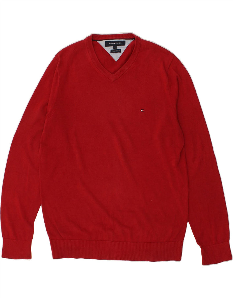 TOMMY HILFIGER Mens V-Neck Jumper Sweater Small Red Cotton | Vintage Tommy Hilfiger | Thrift | Second-Hand Tommy Hilfiger | Used Clothing | Messina Hembry 