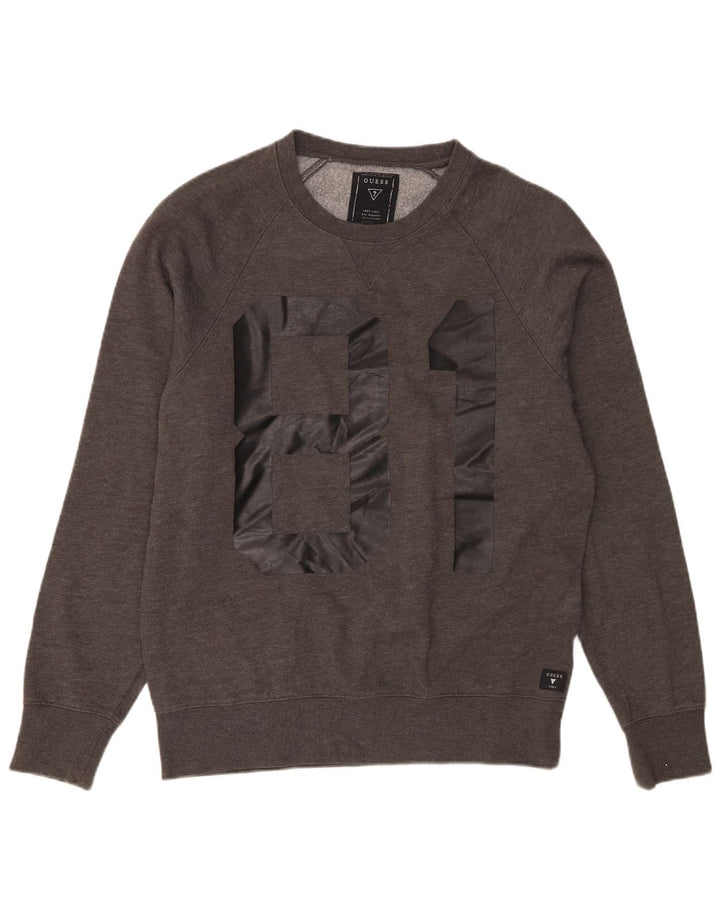 Guess Mens Graphic Sweatshirt Jumper UK 36 Small Grey Flecked Cotton