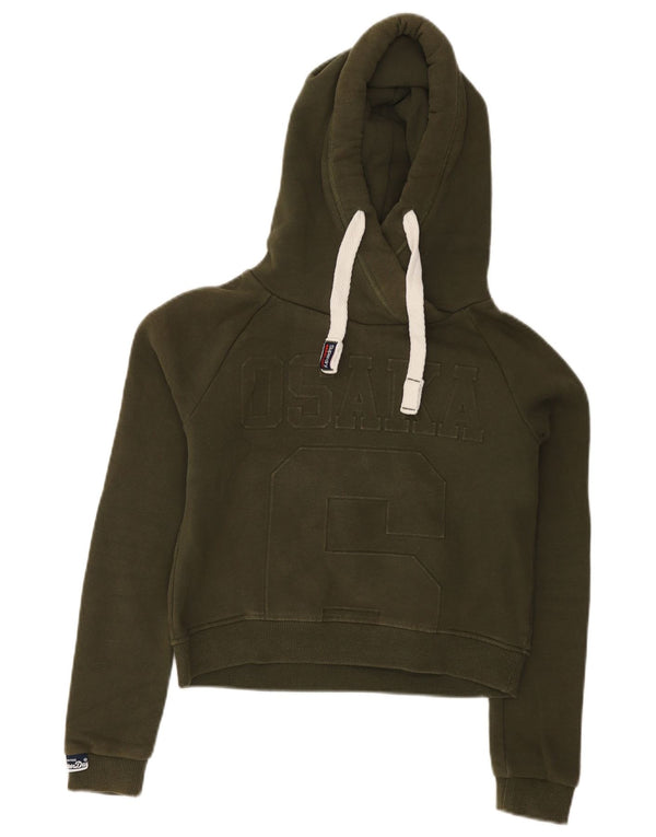 SUPERDRY Womens Osaka Crop Graphic Hoodie Jumper UK 8 Small  Khaki Cotton