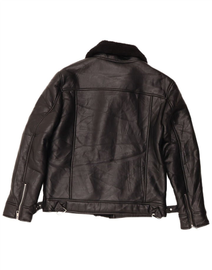 Zara Womens Sherpa Biker Jacket UK 14 Medium Black Polyester
