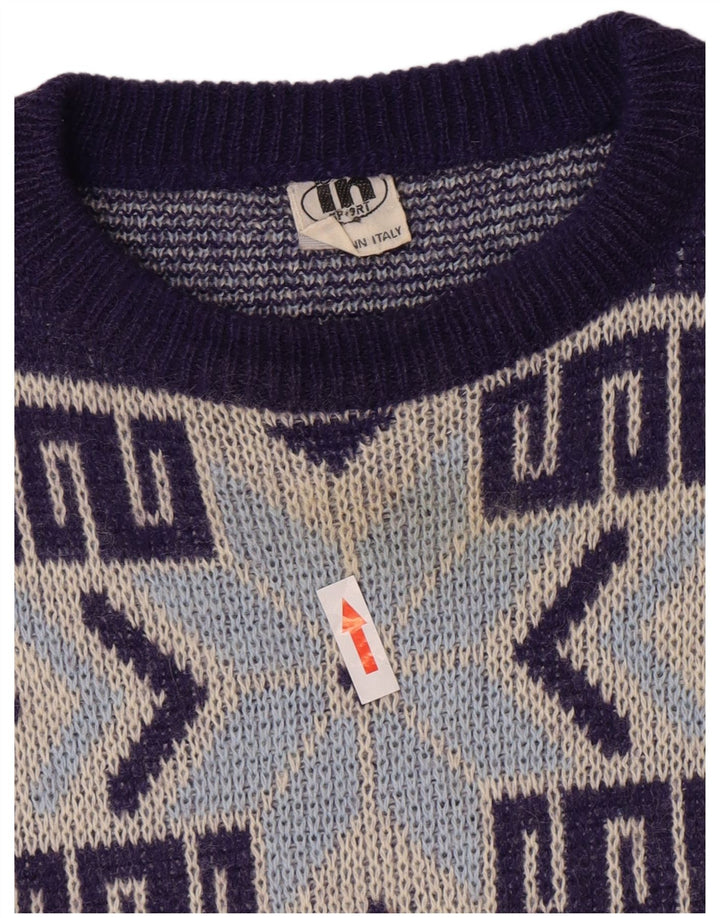 Vintage Mens Crew Neck Jumper Sweater Medium Navy Blue Geometric