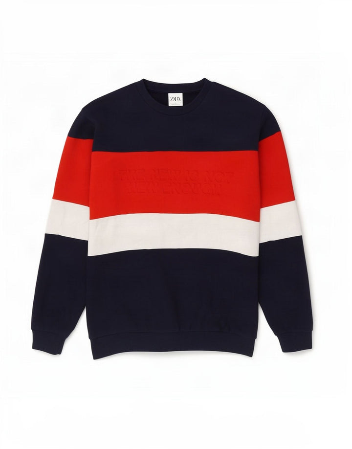Zara Mens Graphic Sweatshirt Jumper Medium Navy Blue Colourblock Cotton