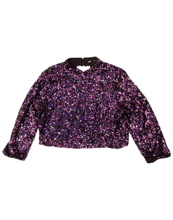 Zara Womens Crop 3/4 Sleeve Blouse Top UK 14 Large Purple Flecked