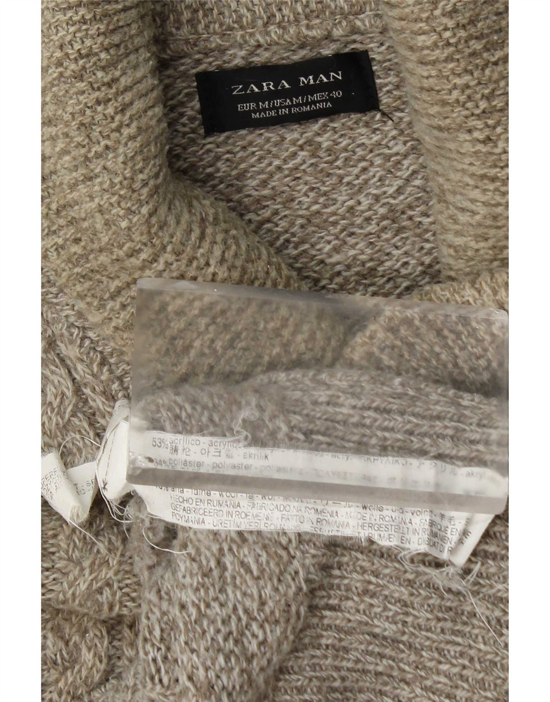 Zara Mens Shawl Neck Jumper Sweater Medium Beige Flecked Acrylic