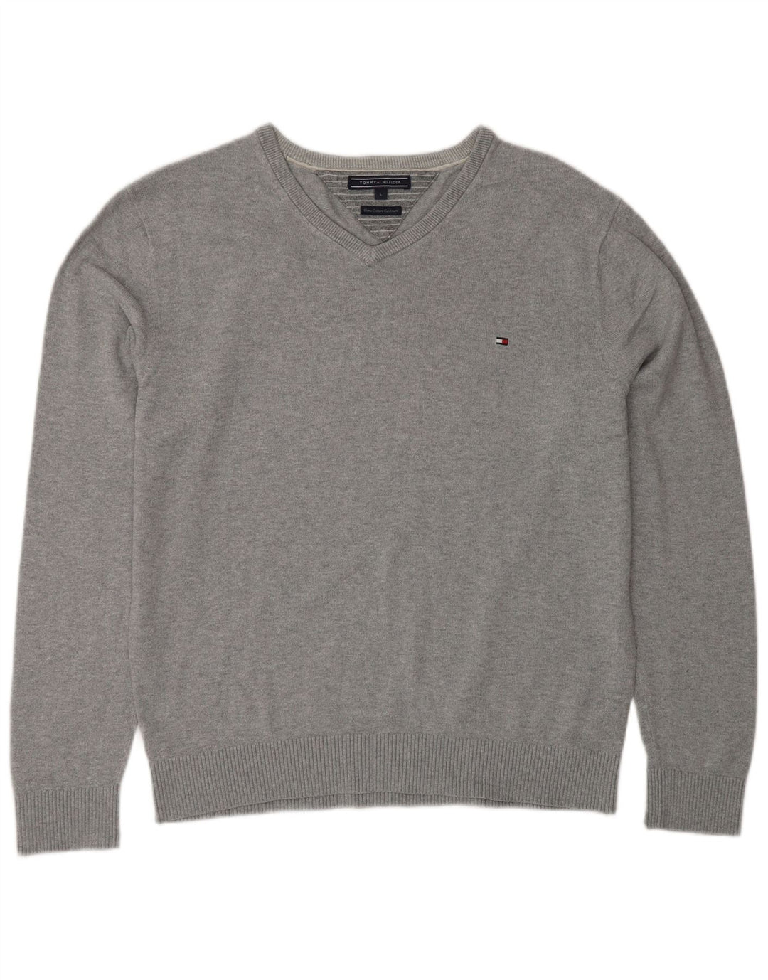 Tommy Hilfiger Mens V-Neck Jumper Sweater Large Grey Cotton