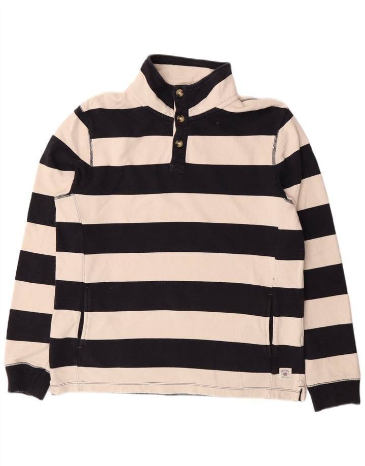 FAT FACE Mens Button Neck Sweatshirt Jumper Medium Navy Blue Striped