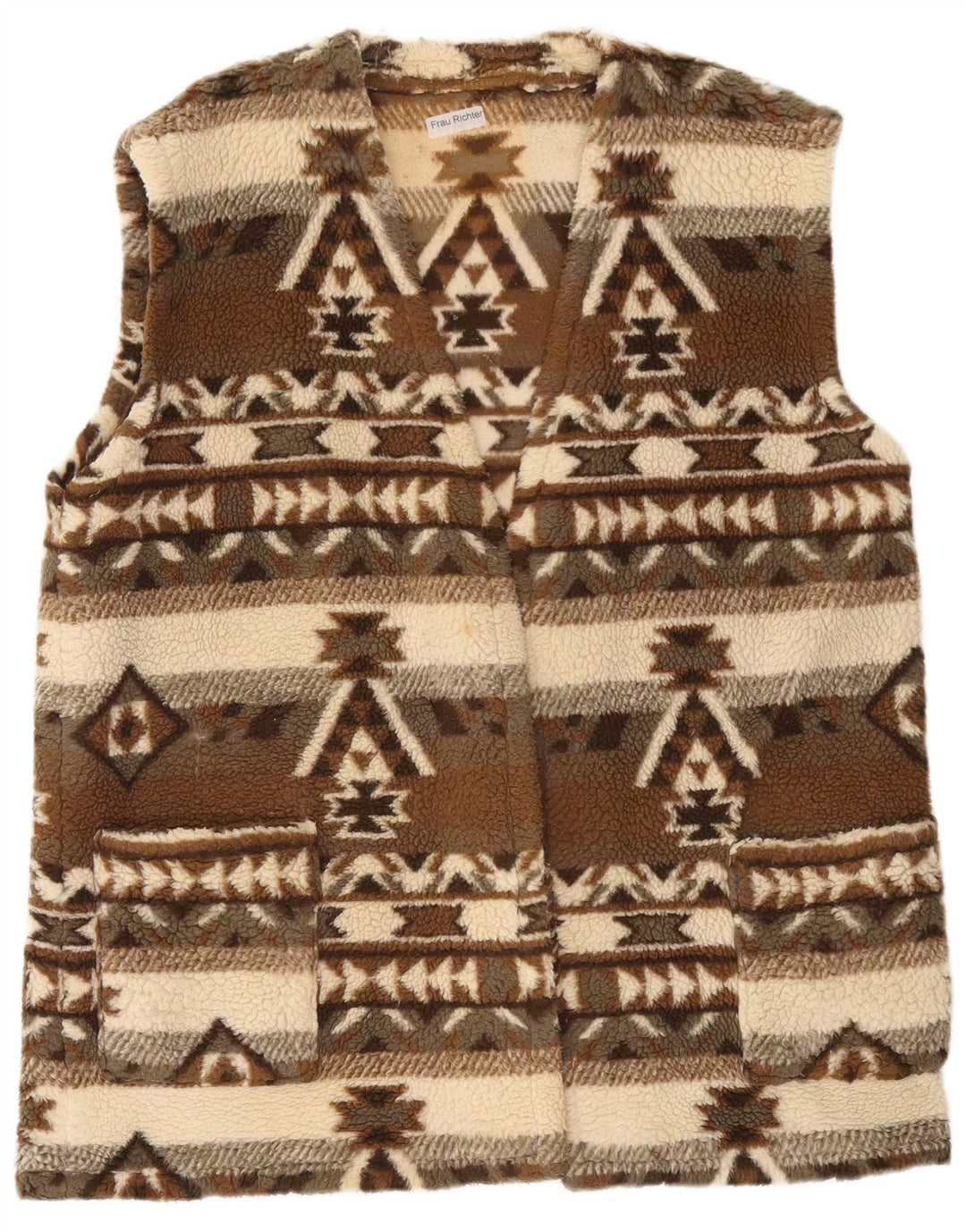 Vintage Womens Fleece Gilet UK 20 2XL Brown Geometric Aztec