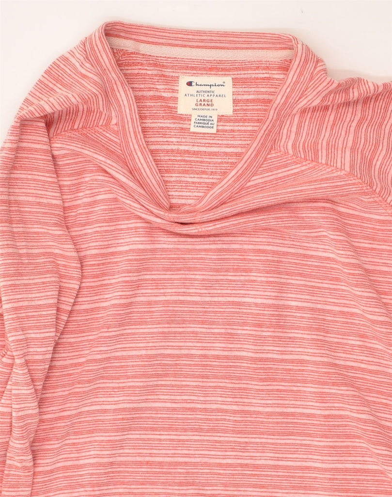 CHAMPION Womens Tall Sweatshirt Jumper UK 16 Large Pink Striped Cotton | Vintage Champion | Thrift | Second-Hand Champion | Used Clothing | Messina Hembry 