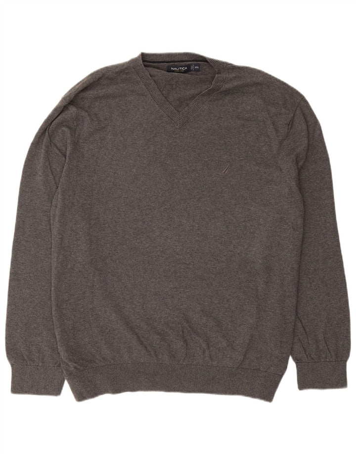 NAUTICA Mens V-Neck Jumper Sweater 2XL Grey Cotton