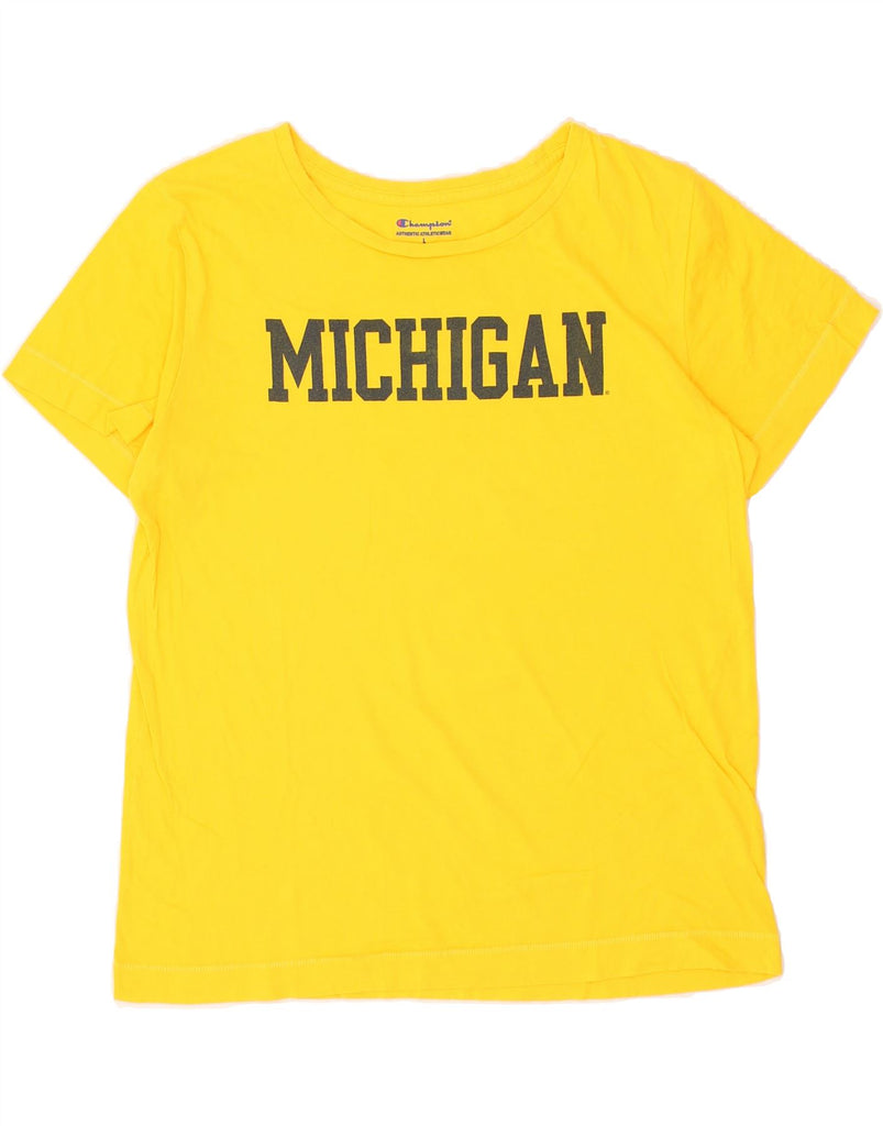 CHAMPION Mens Michigan Graphic T-Shirt Top Large Yellow Cotton | Vintage Champion | Thrift | Second-Hand Champion | Used Clothing | Messina Hembry 