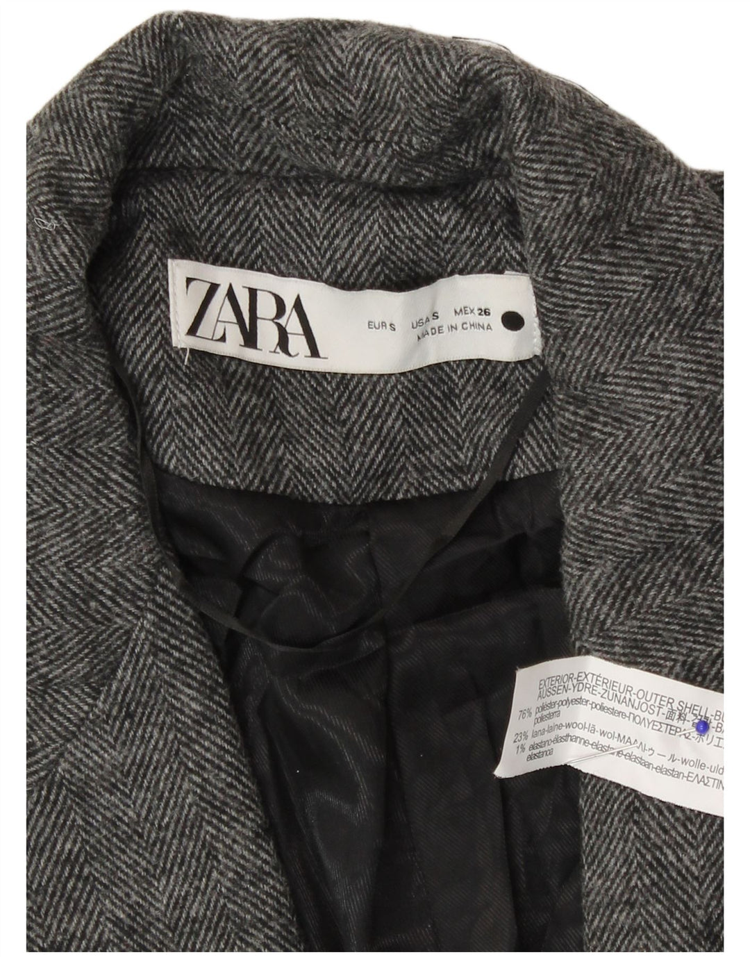 Zara Womens 1 Button Blazer Jacket UK 10 Small Grey Herringbone Polyester