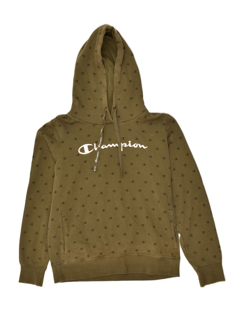 CHAMPION Womens Graphic Hoodie Jumper UK 14 Large Khaki Cotton | Vintage Champion | Thrift | Second-Hand Champion | Used Clothing | Messina Hembry 