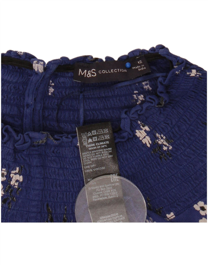Marks & Spencer Womens Long Sleeve Blouse Top UK 12 Medium Navy Blue Floral