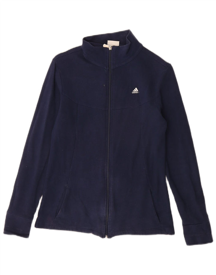 ADIDAS Womens Tracksuit Top Jacket UK 12 Medium Navy Blue Cotton