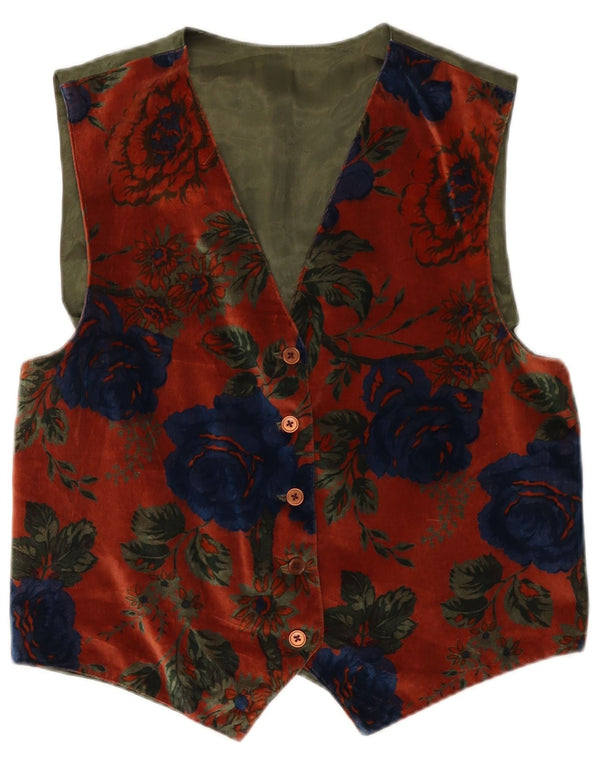 Vintage Womens Velvet Waistcoat UK 14 Medium Burgundy Floral