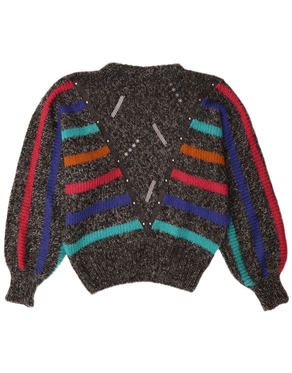 VINTAGE Womens Batwing Crew Neck Jumper Sweater UK 14 Medium Grey Striped