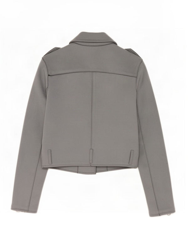 Zara Womens Military Crop Faux Suede Biker Jacket UK 6 XS Grey Polyester