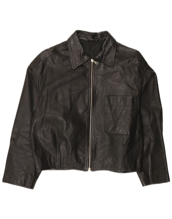 Vintage Womens Crop Oversized Leather Jacket UK 10 Small Black Leather
