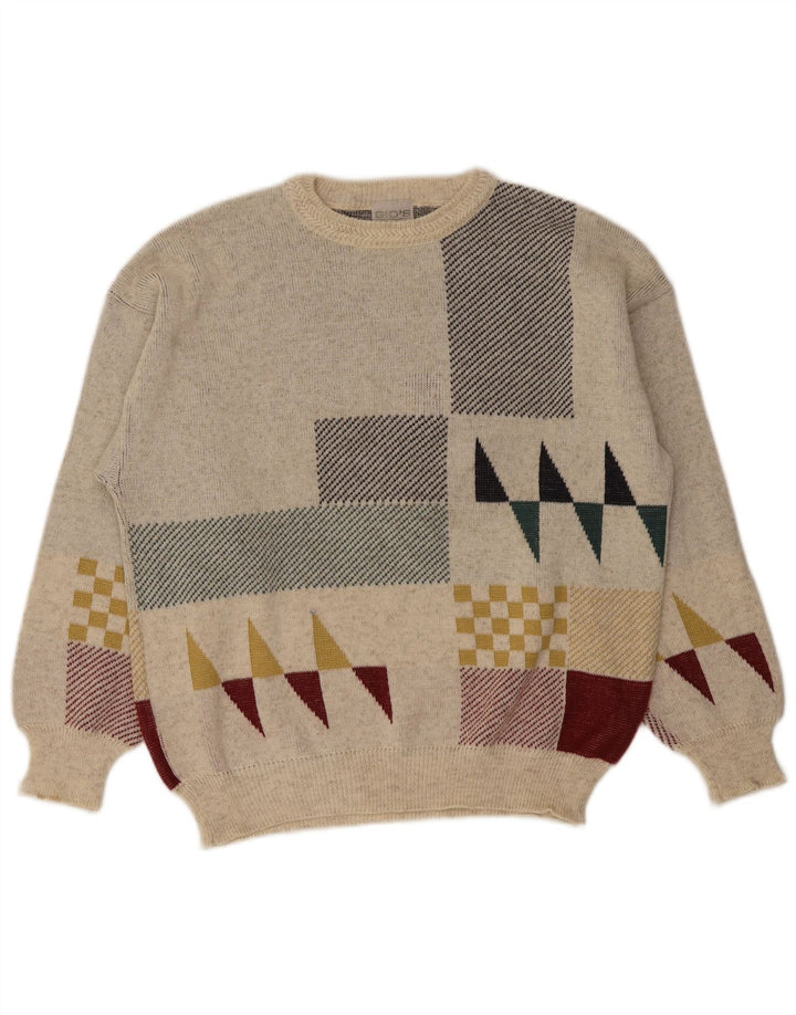 Vintage Mens Crew Neck Jumper Sweater IT 48 Medium Off White Geometric Wool