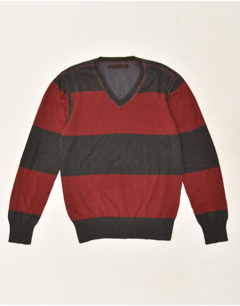 LEVI'S Womens V-Neck Jumper Sweater UK 12 Medium Red Striped Cotton | Vintage Levi's | Thrift | Second-Hand Levi's | Used Clothing | Messina Hembry 