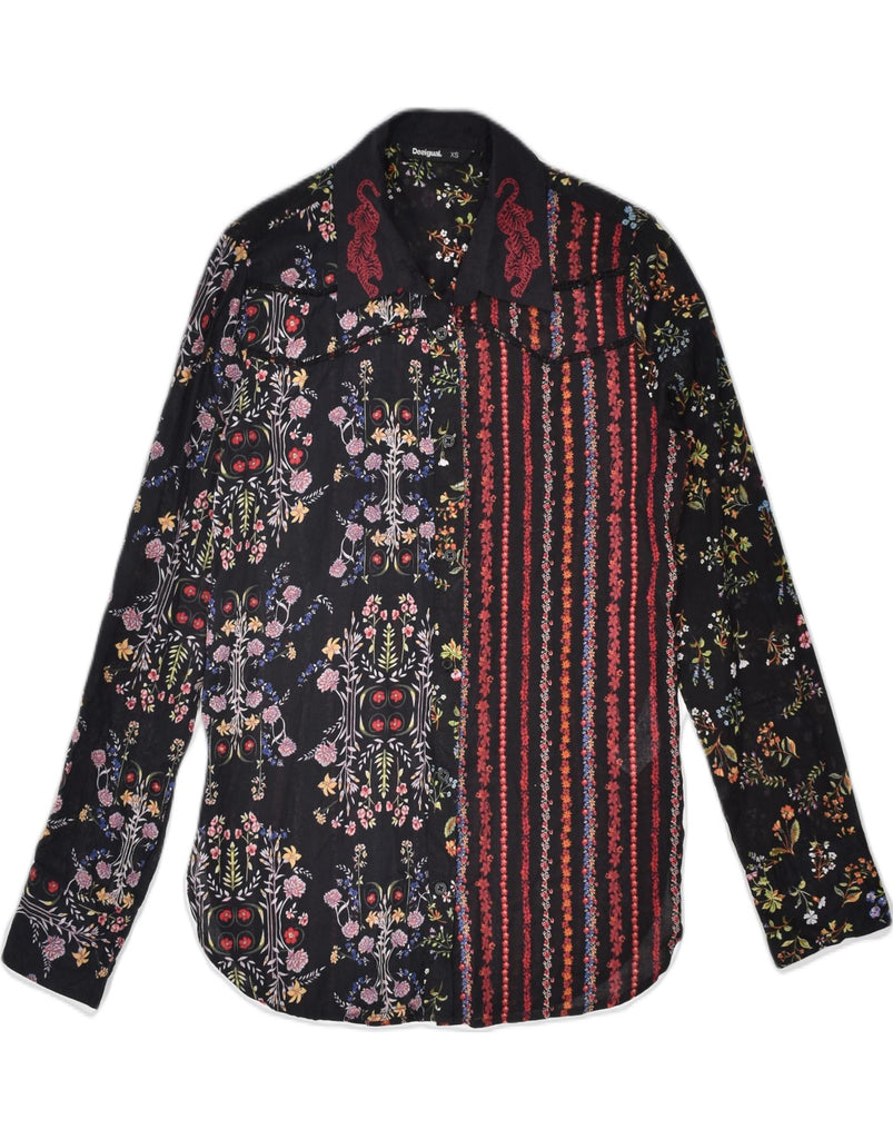 DESIGUAL Womens Shirt UK 6 XS Black Floral Cotton | Vintage | Thrift | Second-Hand | Used Clothing | Messina Hembry 