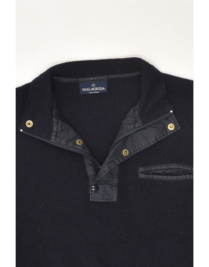 MALAGRIDA Mens Zip Neck Jumper Sweater Medium Navy Blue Wool | Vintage Malagrida | Thrift | Second-Hand Malagrida | Used Clothing | Messina Hembry 