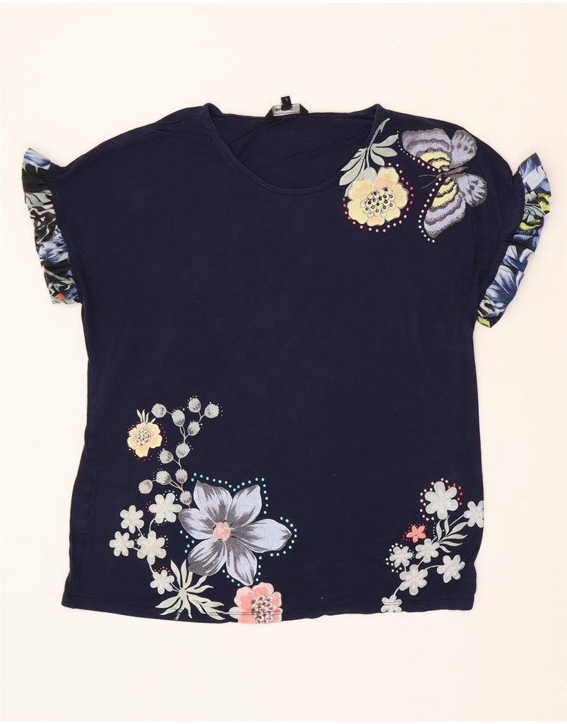 DESIGUAL Womens Blouse Top UK 16 Large Navy Blue Floral Viscose Vintage Desigual and Second-Hand Desigual from Messina Hembry 