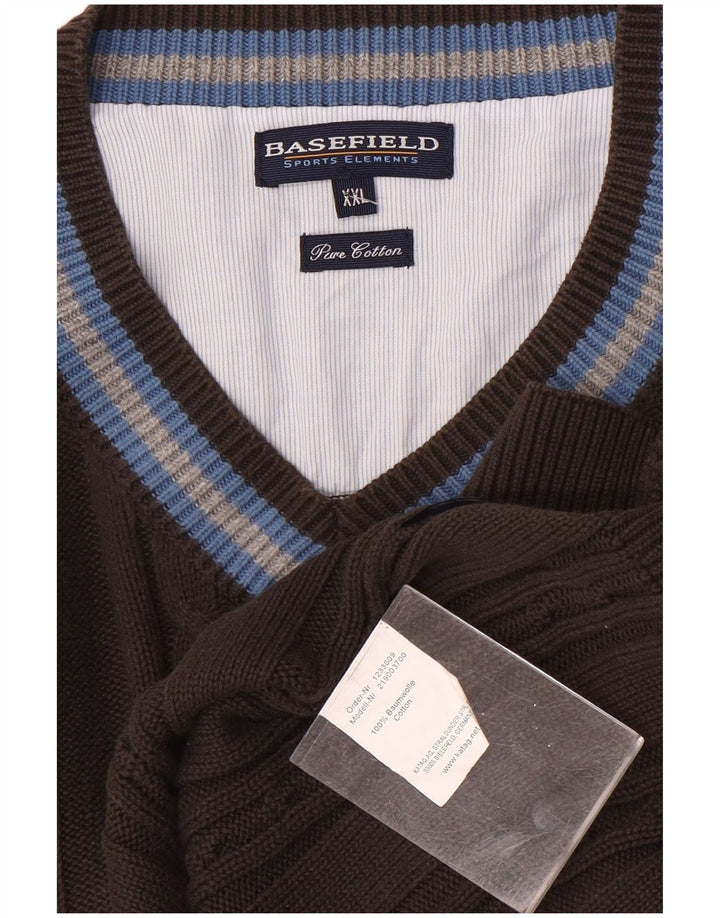 Basefield Mens V-Neck Jumper Sweater 2XL Brown Striped Cotton