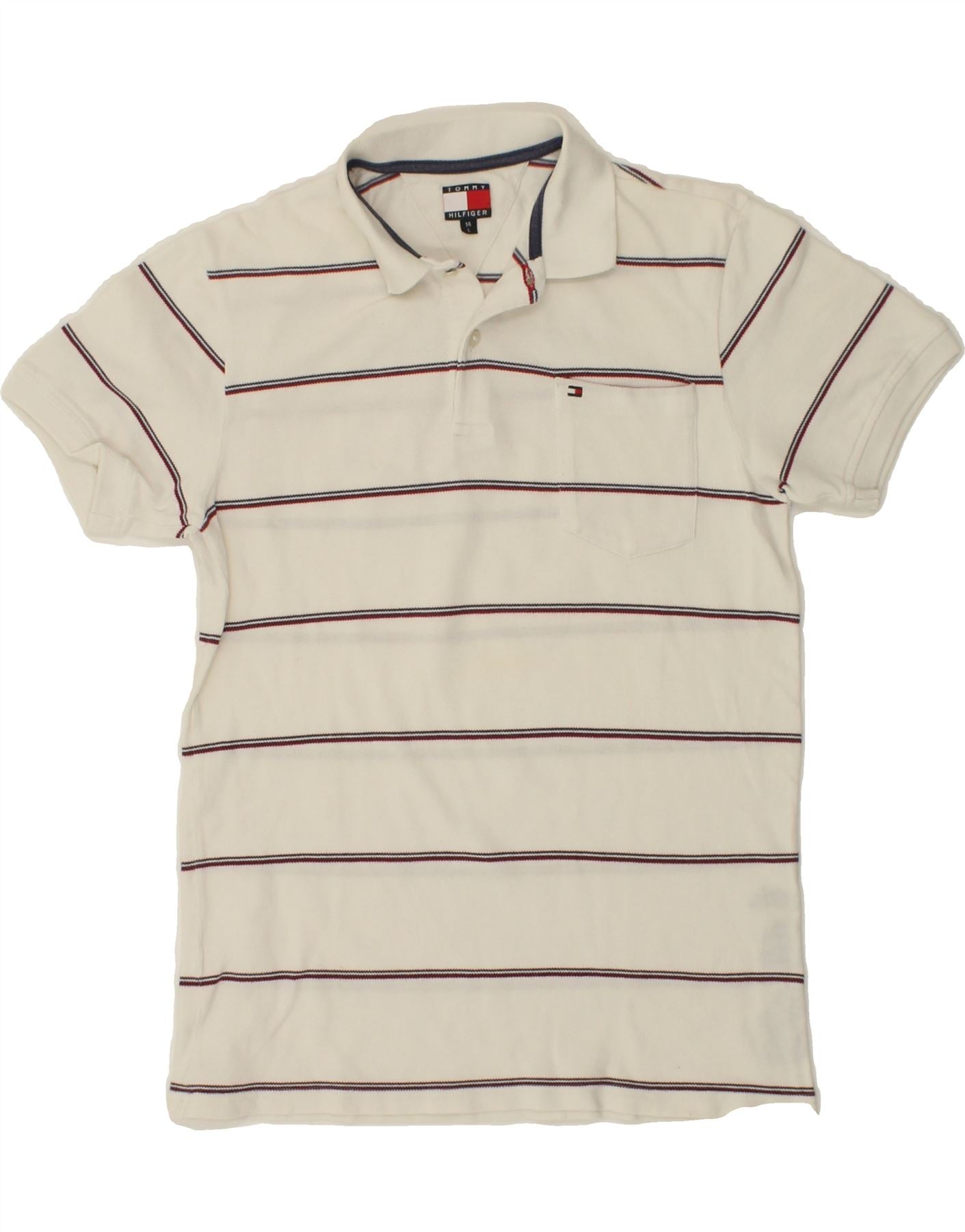 TOMMY HILFIGER Boys Polo Shirt 13-14 Years Large White Striped