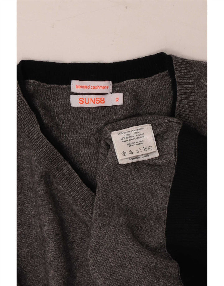 Sun68 Mens V-Neck Jumper Sweater XL Grey Cotton