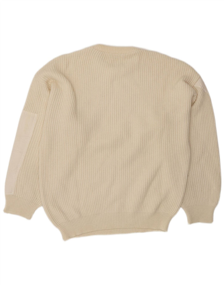 Vintage Mens Crew Neck Jumper Sweater Large Beige Colourblock Wool