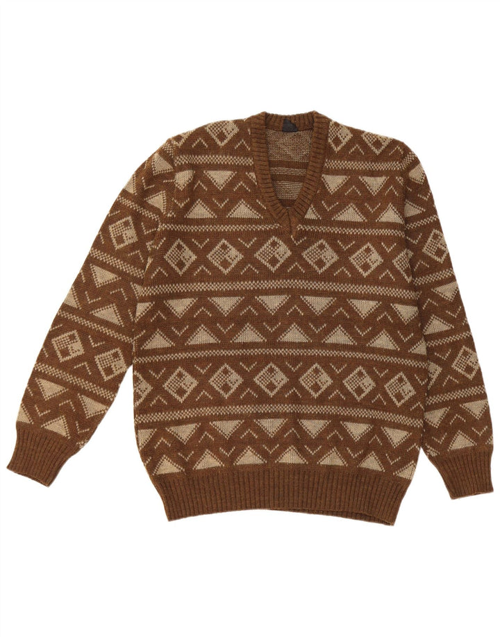 Vintage Mens V-Neck Jumper Sweater Small Brown Geometric