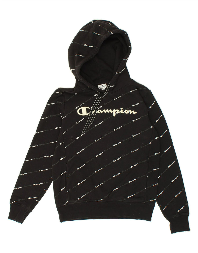 CHAMPION Womens Graphic Hoodie Jumper UK 14 Medium Black Cotton | Vintage Champion | Thrift | Second-Hand Champion | Used Clothing | Messina Hembry 