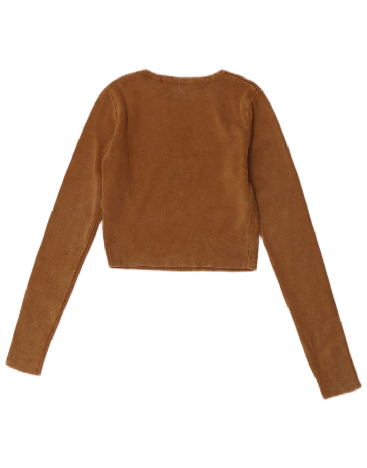 Zara Womens Crop Top Long Sleeve UK 8 Small Beige Cotton
