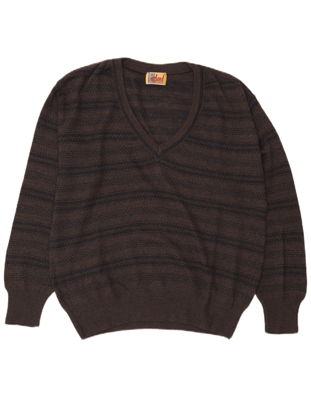 Ireland Mens V-Neck Jumper Sweater Large Khaki Striped Wool