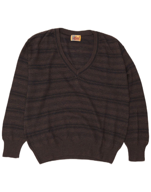 Ireland Mens V-Neck Jumper Sweater Large Khaki Striped Wool