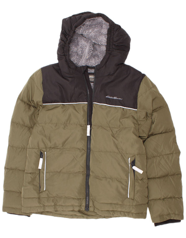 Eddie Bauer Boys Hooded Padded Jacket 7-8 Years Small Khaki Colourblock