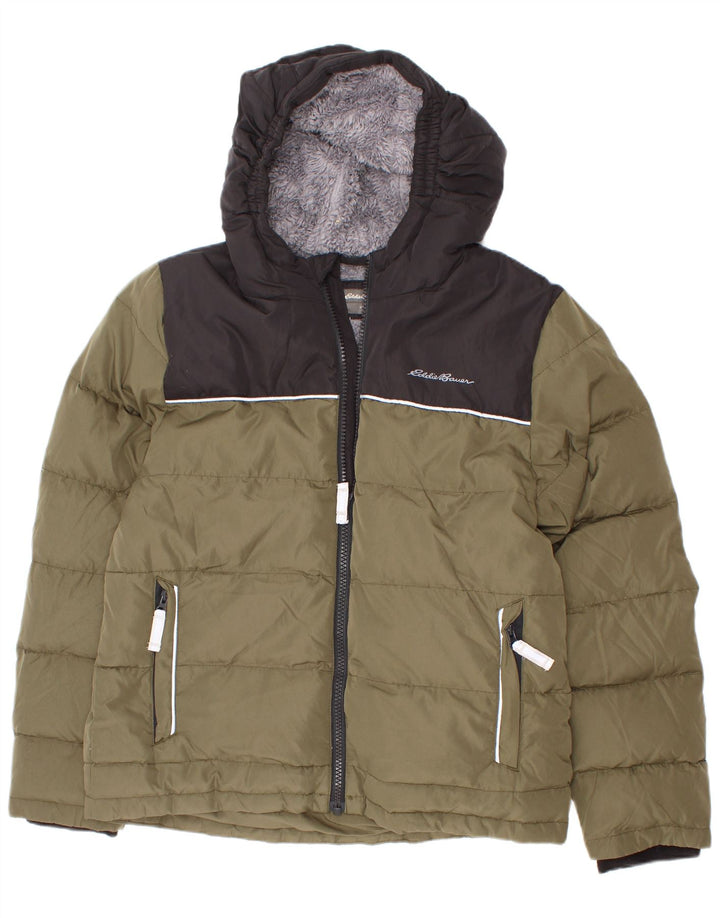 Eddie Bauer Boys Hooded Padded Jacket 7-8 Years Small Khaki Colourblock