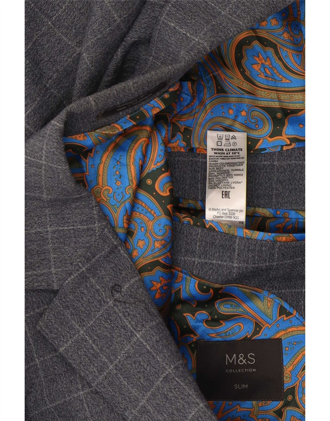 Marks & Spencer Mens 2 Button Slim Blazer Jacket UK 36 Small Blue Check
