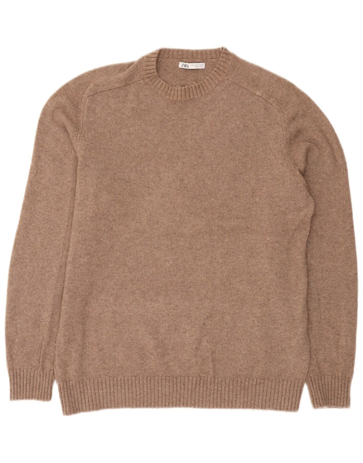 Zara Mens Crew Neck Jumper Sweater Medium Brown Polyester